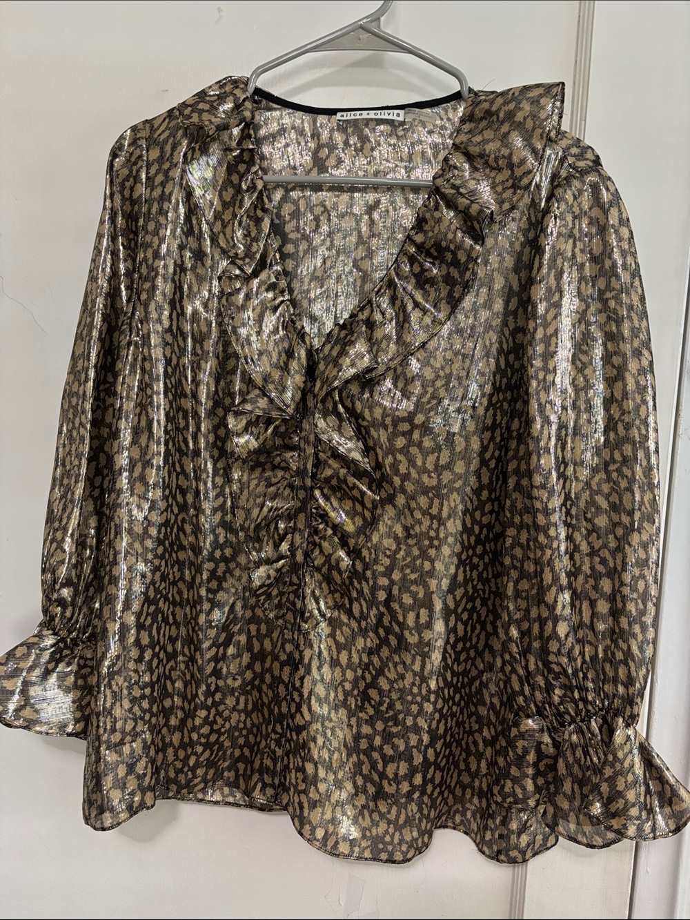 Alice + Olivia Metallic Olive Animal-Print Ruffle V-Neck Blouse